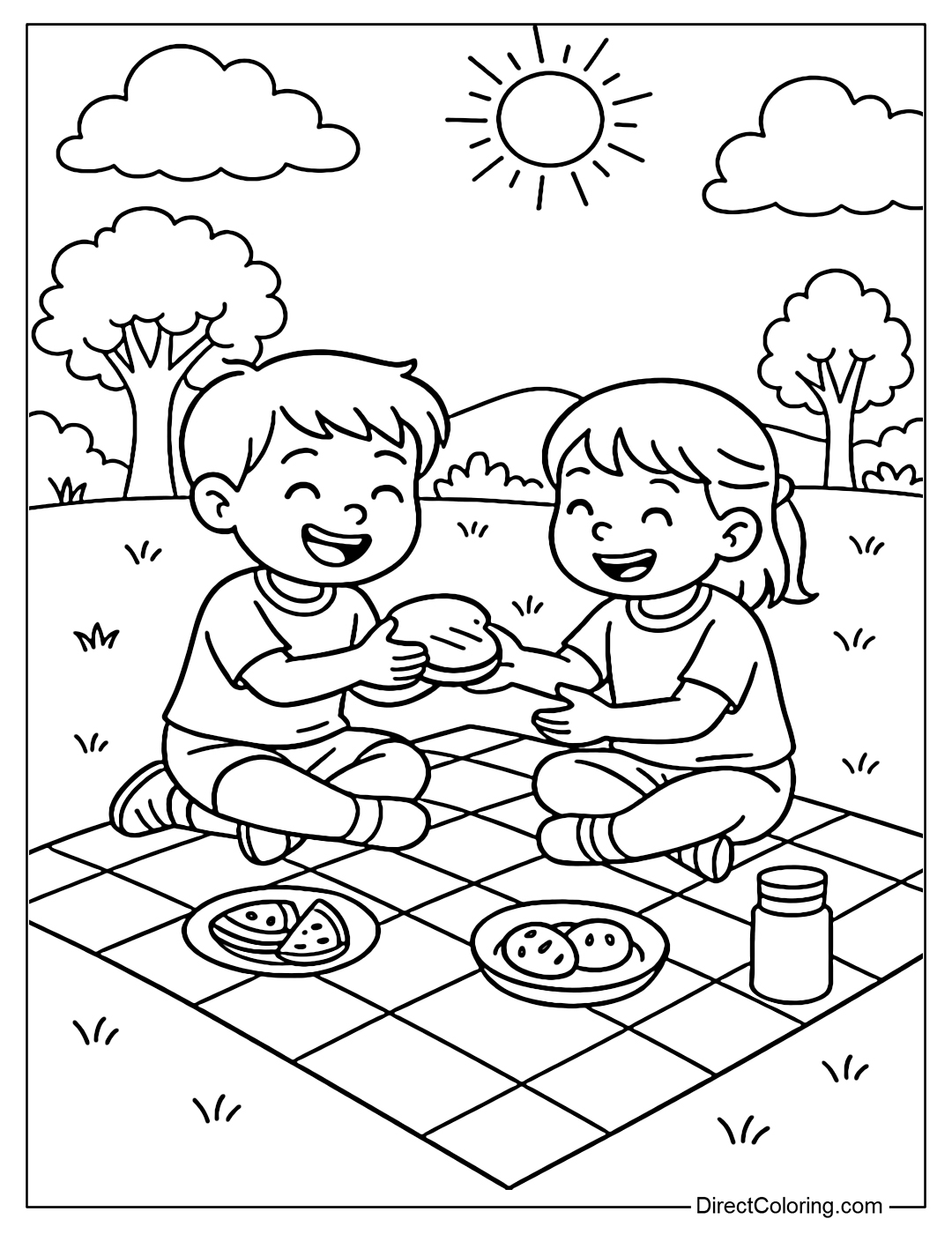 Coloring page of two siblings sitting on a picnic rug, sharing a cake and laughing happily.